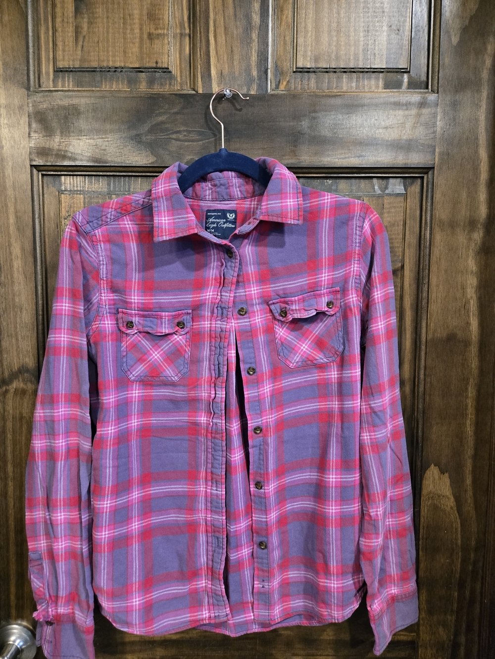 American Eagle Outfitters Pink & Purple Plaid Button-Down Shirt